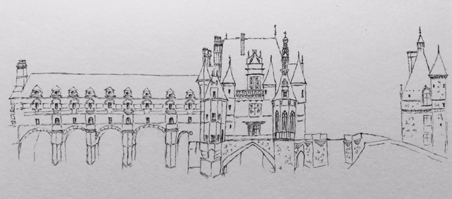 A drawing of an old castle with a bridge