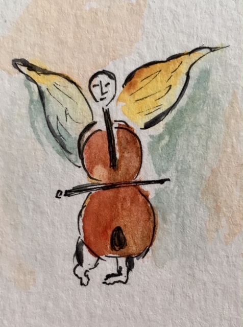 A drawing of an angel with a cello