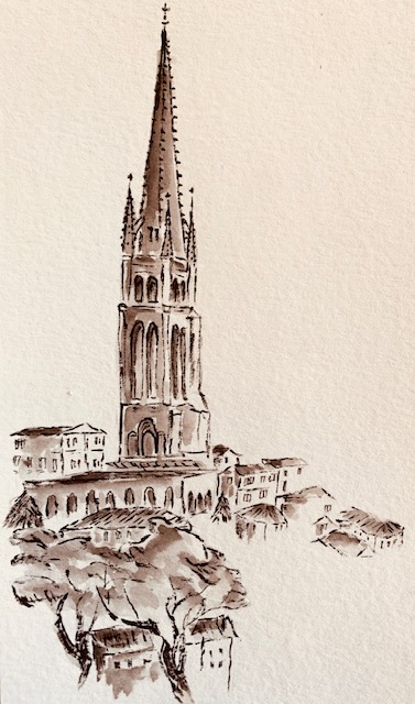 A drawing of a church with a steeple